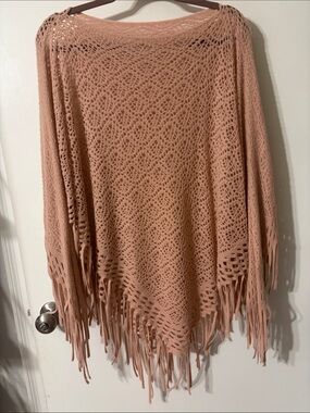 Blush Open-Knit Fringe Poncho